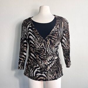 Notations Y2k Brown Abstract Animal Print Wrap Top Size Large